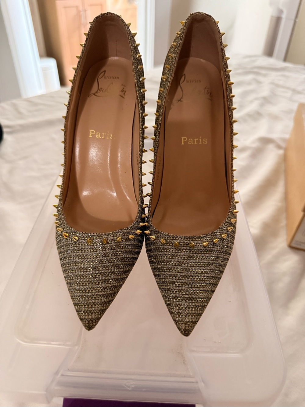 Christian Louboutin Metallic Gold Spike-Trim Pointed Pumps 36.0